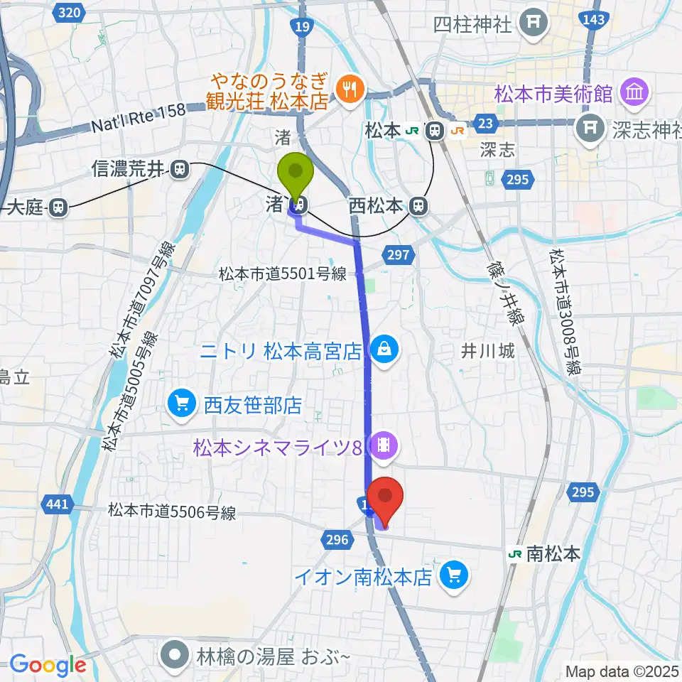 渚駅から南松ホールへのルートマップ地図