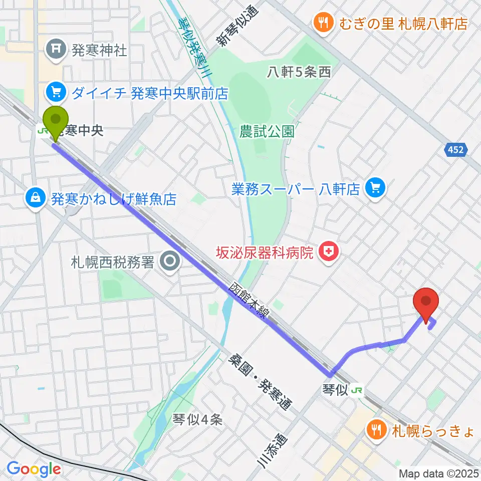 発寒中央駅からレッドベリースタジオへのルートマップ地図