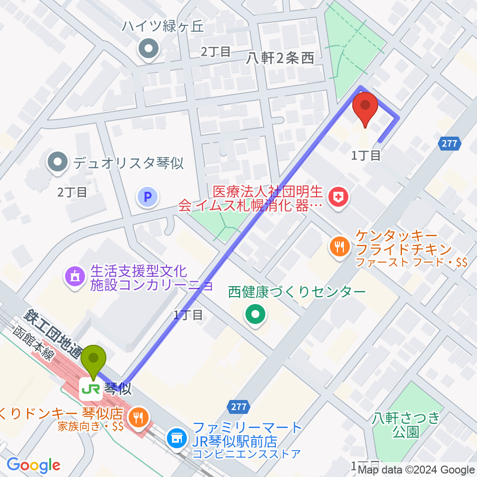 レッドベリースタジオの最寄駅琴似駅からの徒歩ルート（約5分）地図