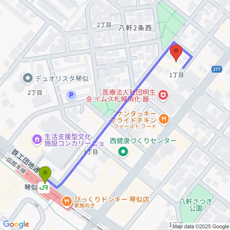 レッドベリースタジオの最寄駅琴似駅からの徒歩ルート（約5分）地図