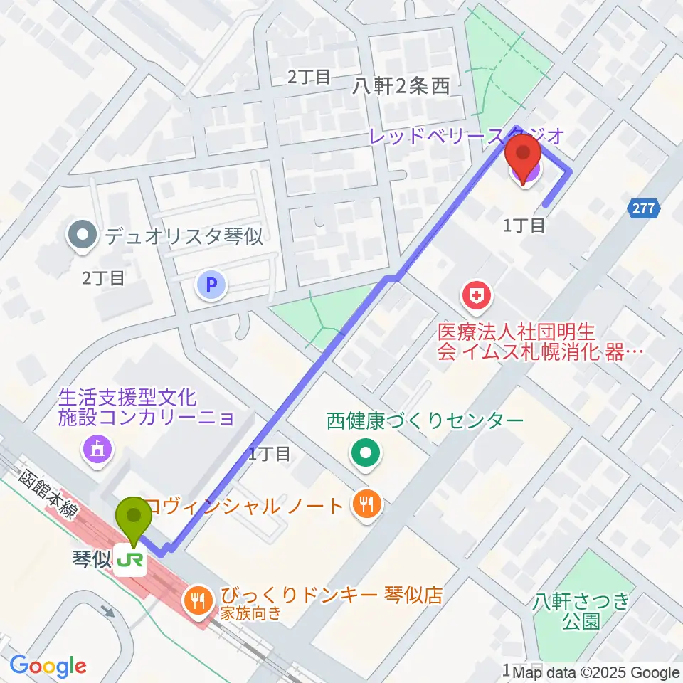 レッドベリースタジオの最寄駅琴似駅からの徒歩ルート（約5分）地図