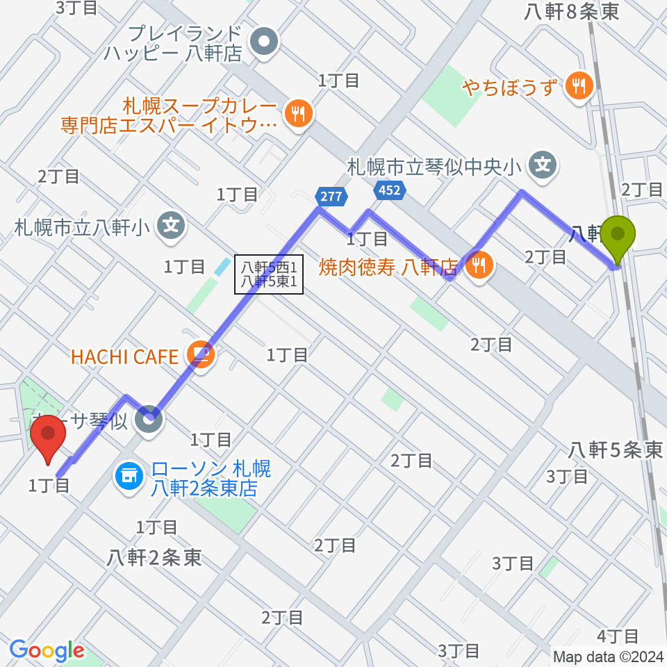 八軒駅からレッドベリースタジオへのルートマップ地図