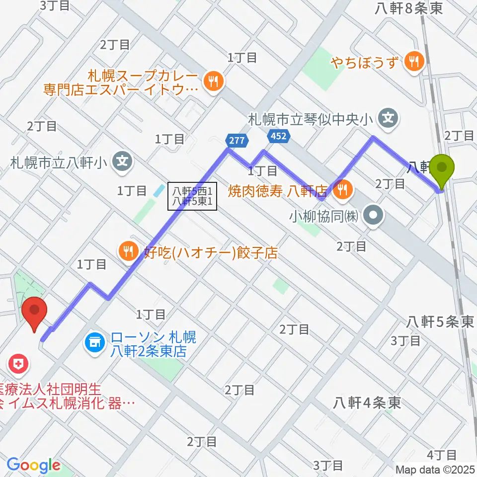 八軒駅からレッドベリースタジオへのルートマップ地図