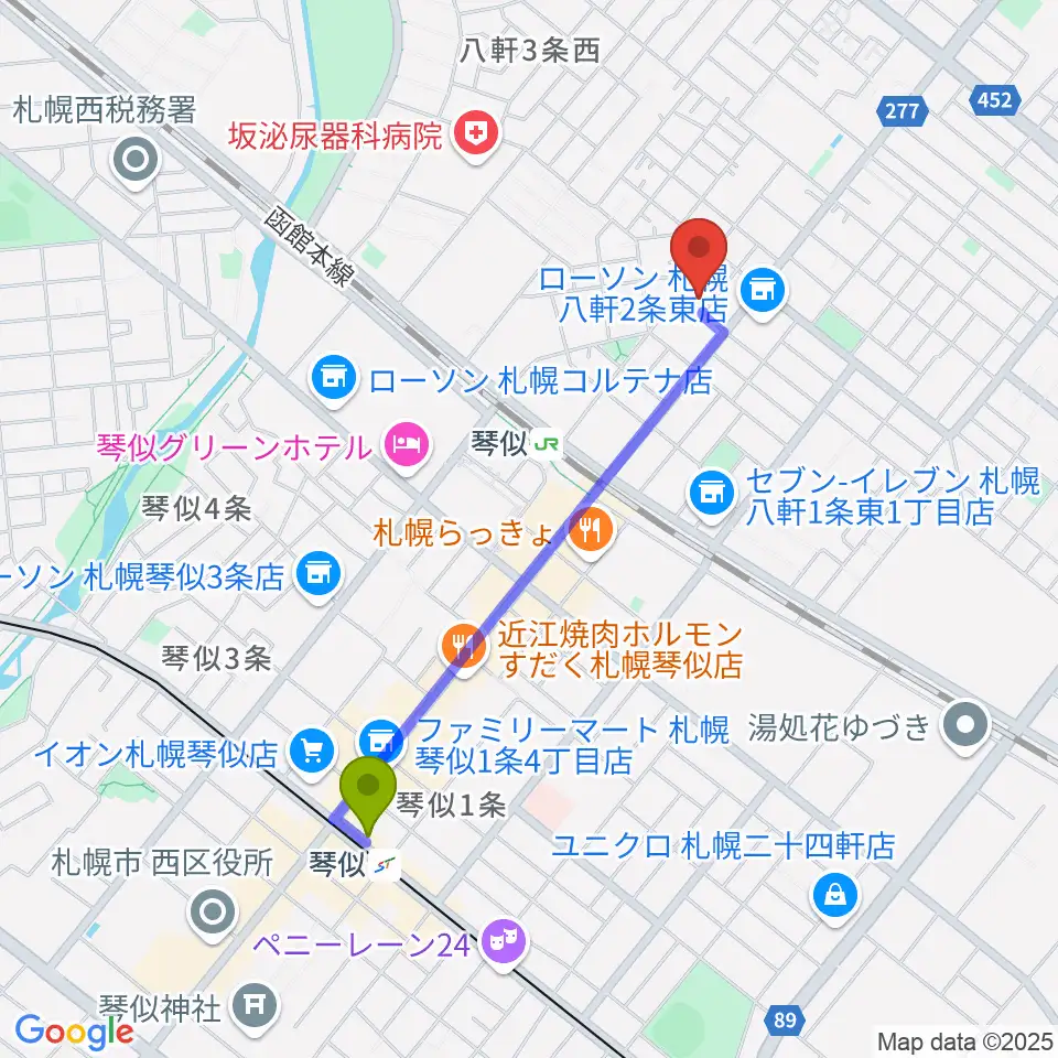 琴似駅からレッドベリースタジオへのルートマップ地図