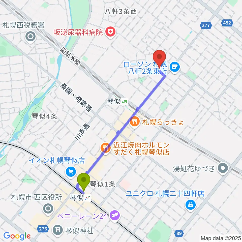 琴似駅からレッドベリースタジオへのルートマップ地図