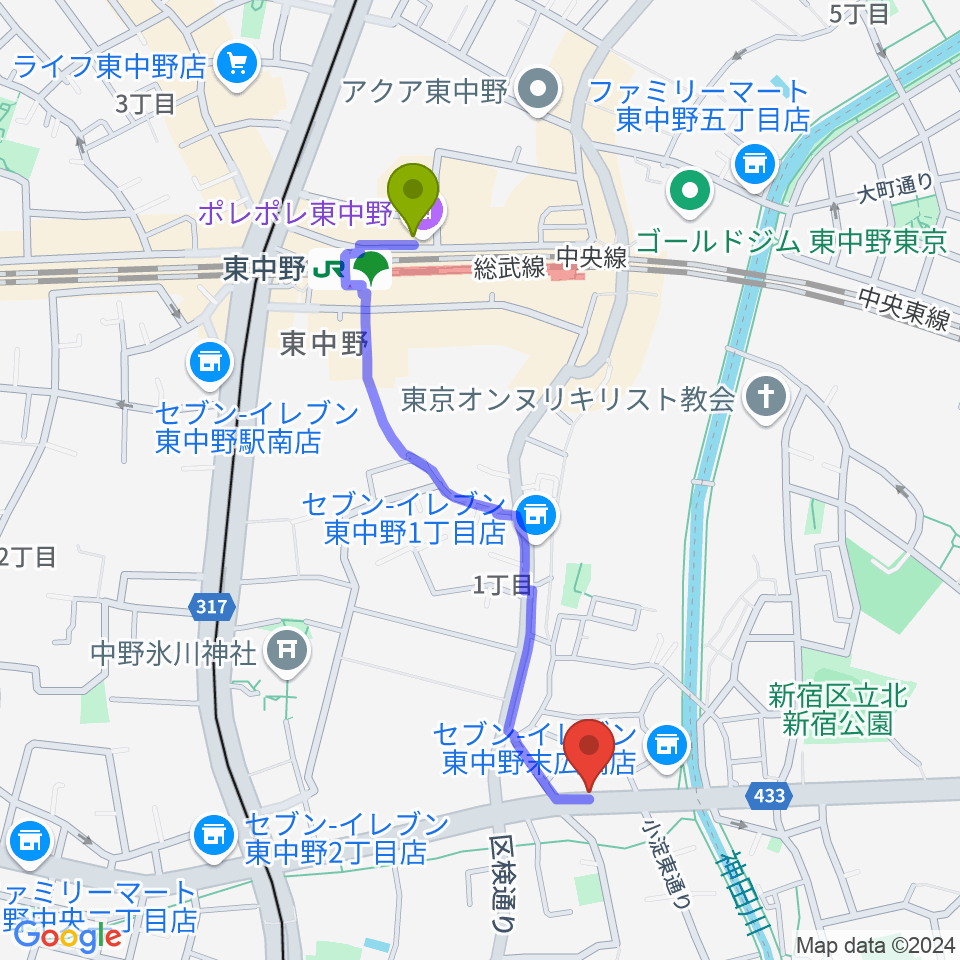 東中野駅からレパートリーシアターKAZEへのルートマップ地図