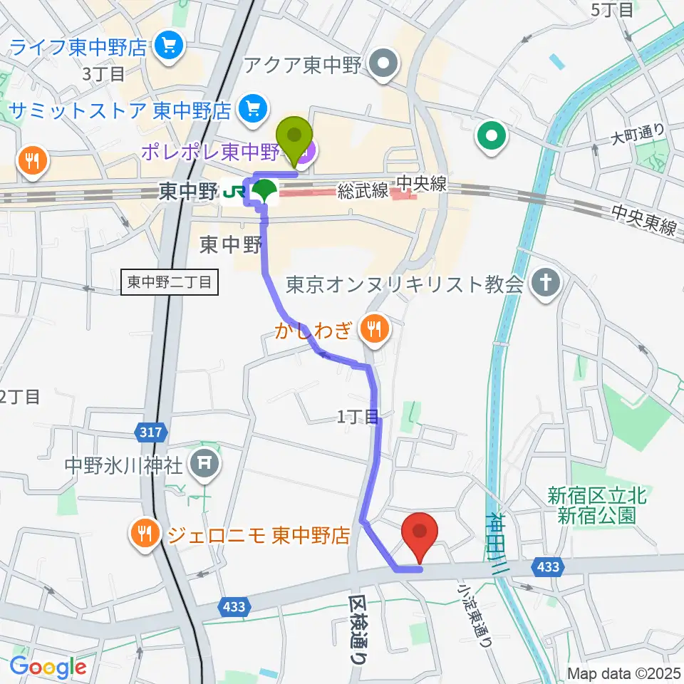 東中野駅からレパートリーシアターKAZEへのルートマップ地図
