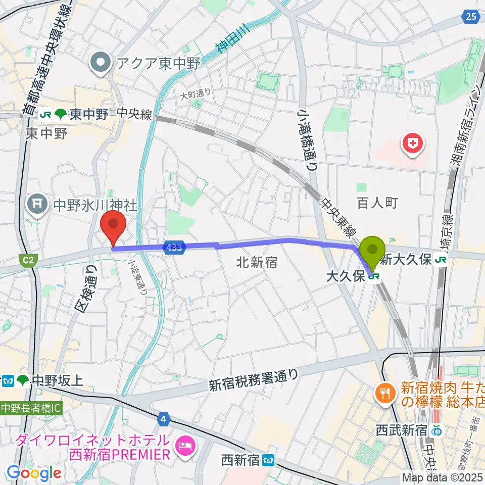 大久保駅からレパートリーシアターKAZEへのルートマップ地図