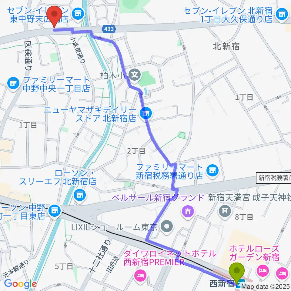 西新宿駅からレパートリーシアターKAZEへのルートマップ地図