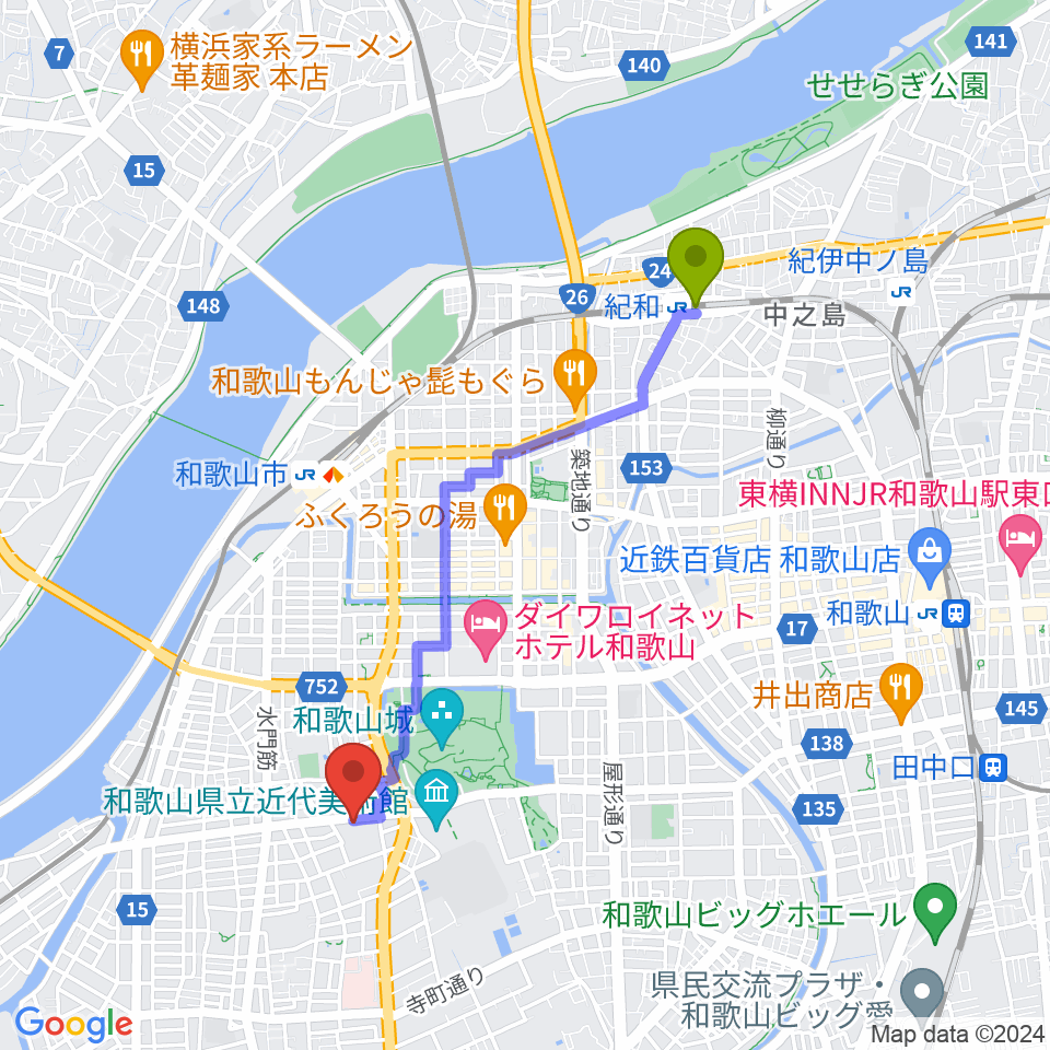 紀和駅から和歌山県民文化会館へのルートマップ地図