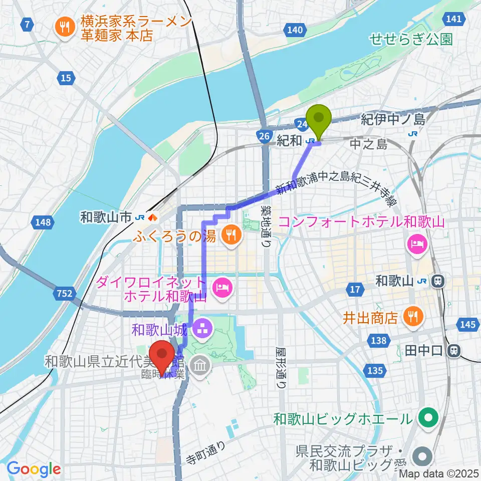 紀和駅から和歌山県民文化会館へのルートマップ地図