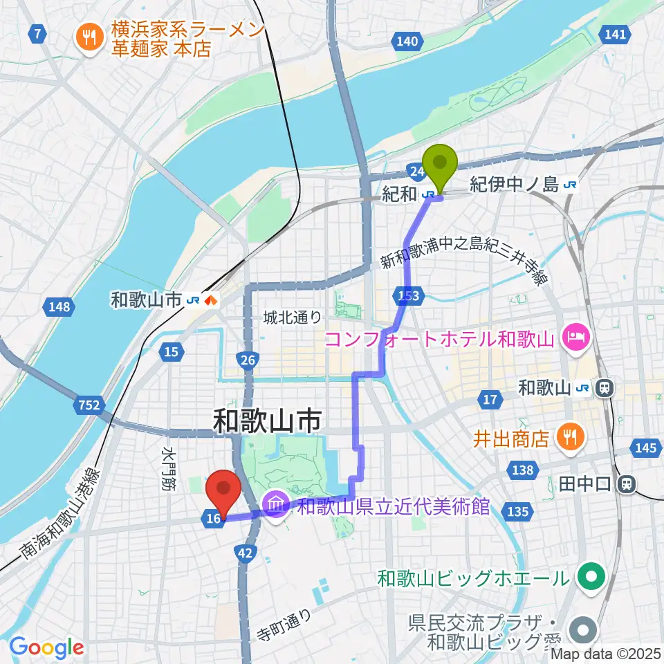紀和駅から和歌山県民文化会館へのルートマップ地図