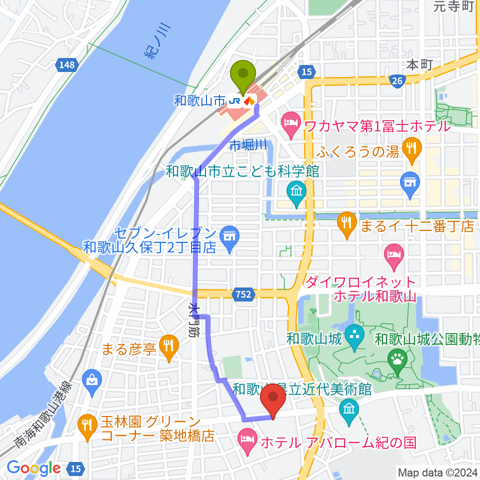 和歌山県民文化会館の最寄駅和歌山市駅からの徒歩ルート（約21分）地図