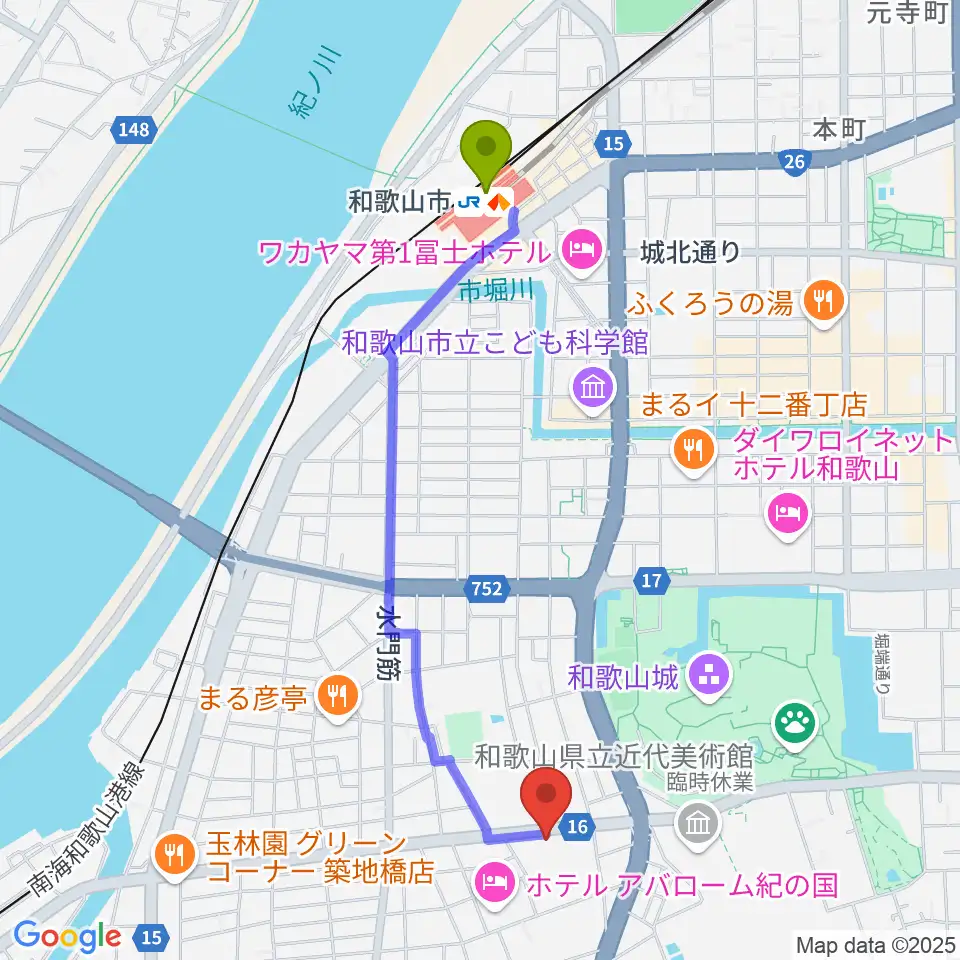 和歌山県民文化会館の最寄駅和歌山市駅からの徒歩ルート（約21分）地図