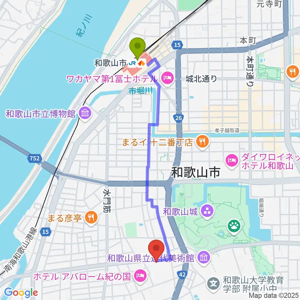 和歌山県民文化会館の最寄駅和歌山市駅からの徒歩ルート（約21分）地図