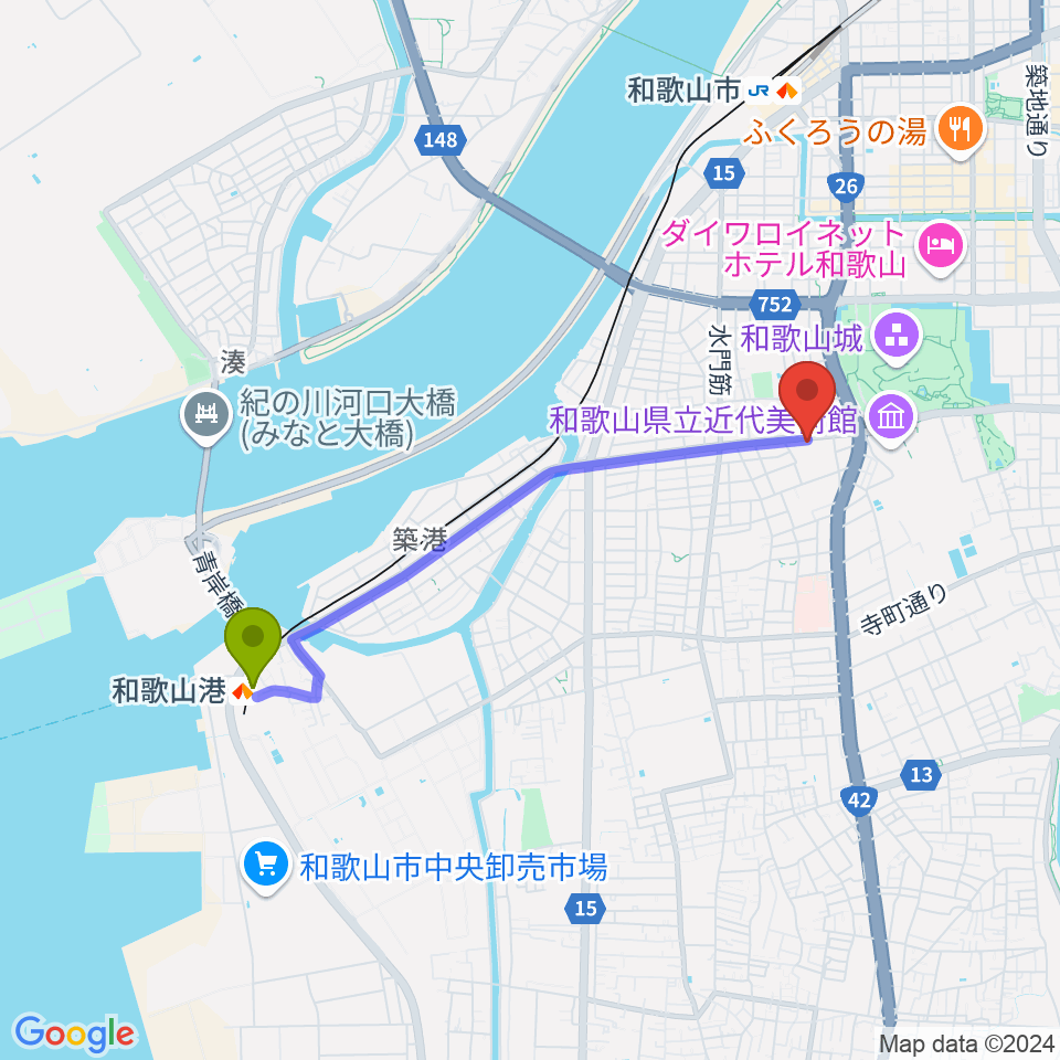 和歌山港駅から和歌山県民文化会館へのルートマップ Mdata