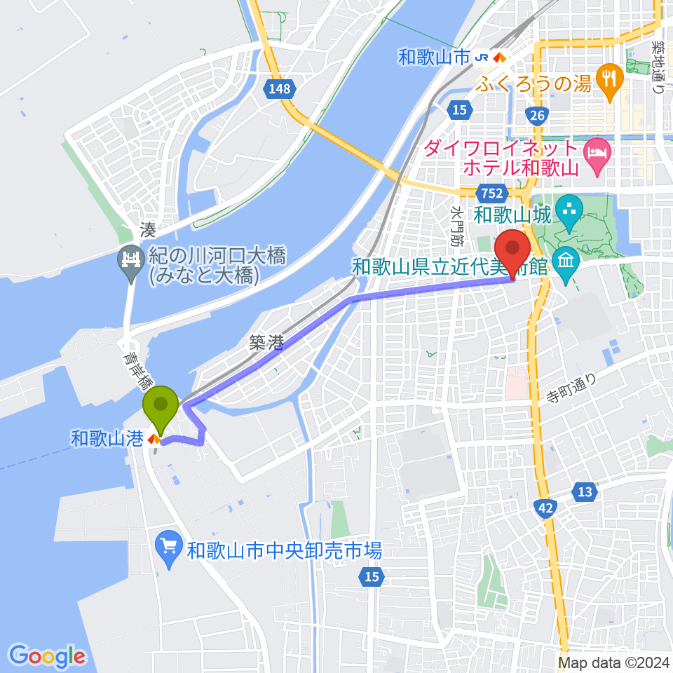 和歌山港駅から和歌山県民文化会館へのルートマップ地図