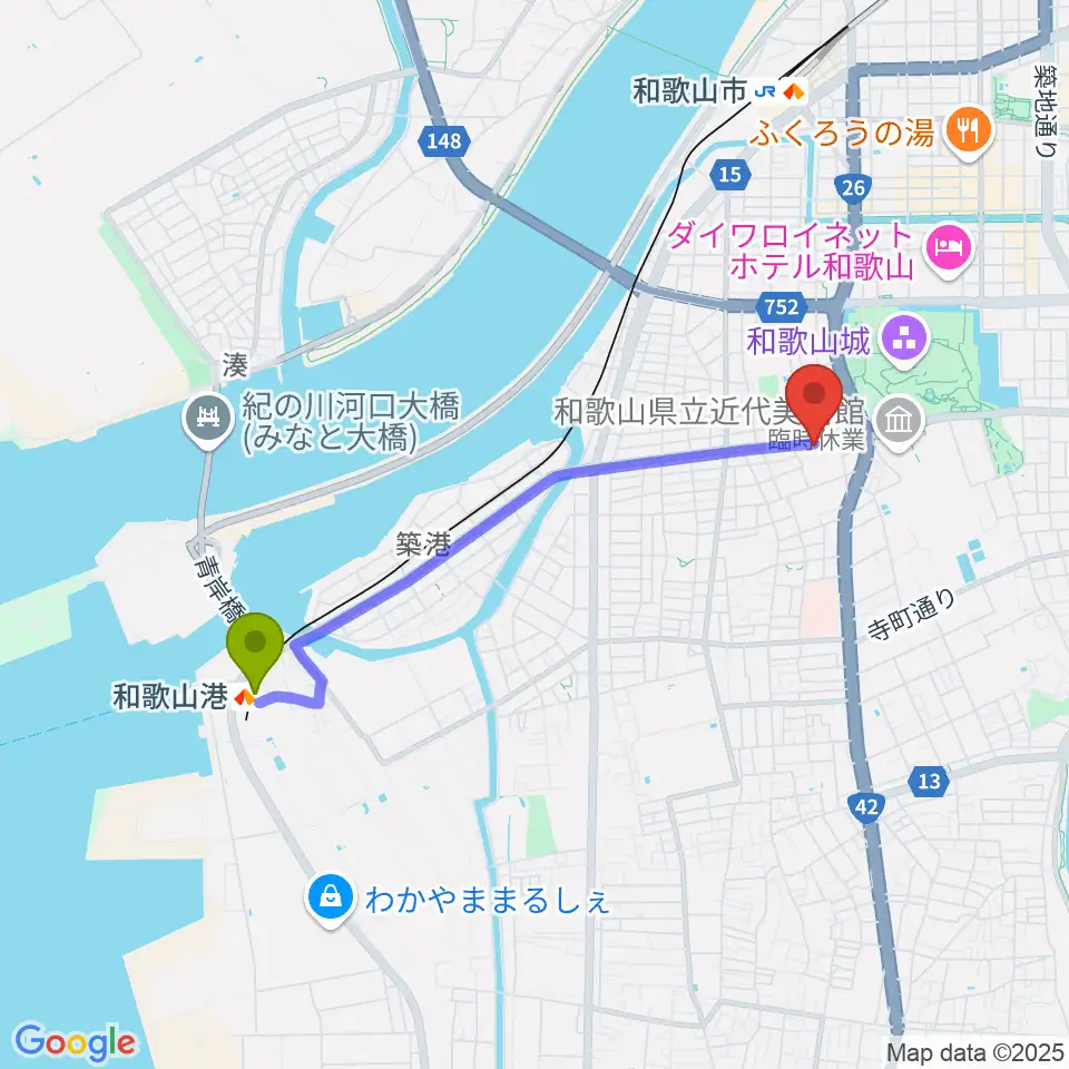 和歌山港駅から和歌山県民文化会館へのルートマップ地図