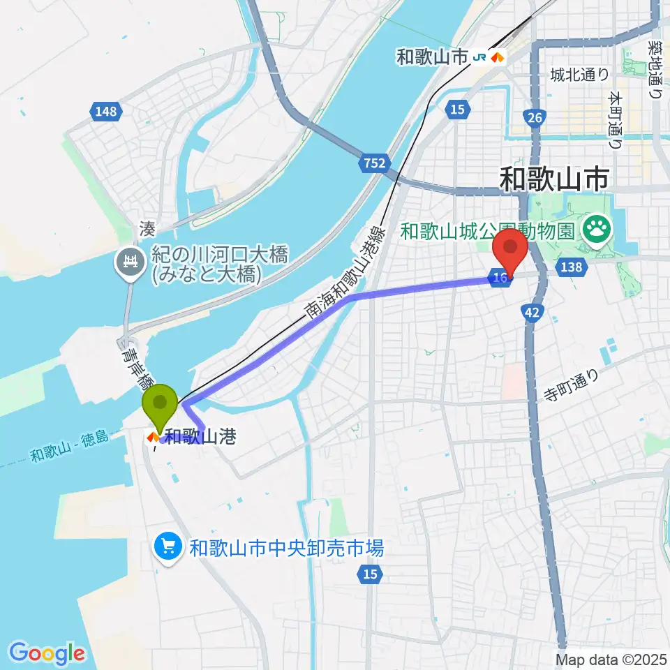 和歌山港駅から和歌山県民文化会館へのルートマップ地図