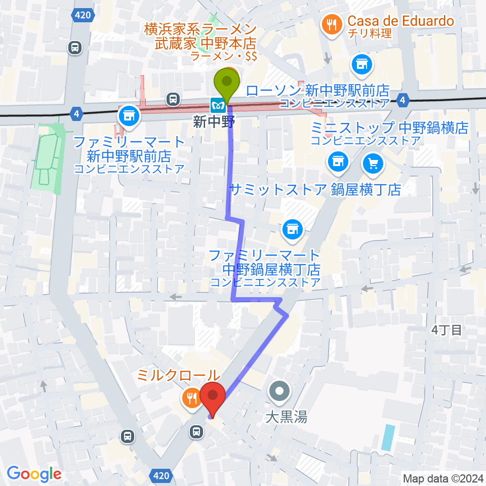 新中野ワニズホールの最寄駅新中野駅からの徒歩ルート（約5分）地図