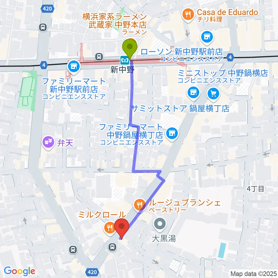 新中野ワニズホールの最寄駅新中野駅からの徒歩ルート（約5分）地図