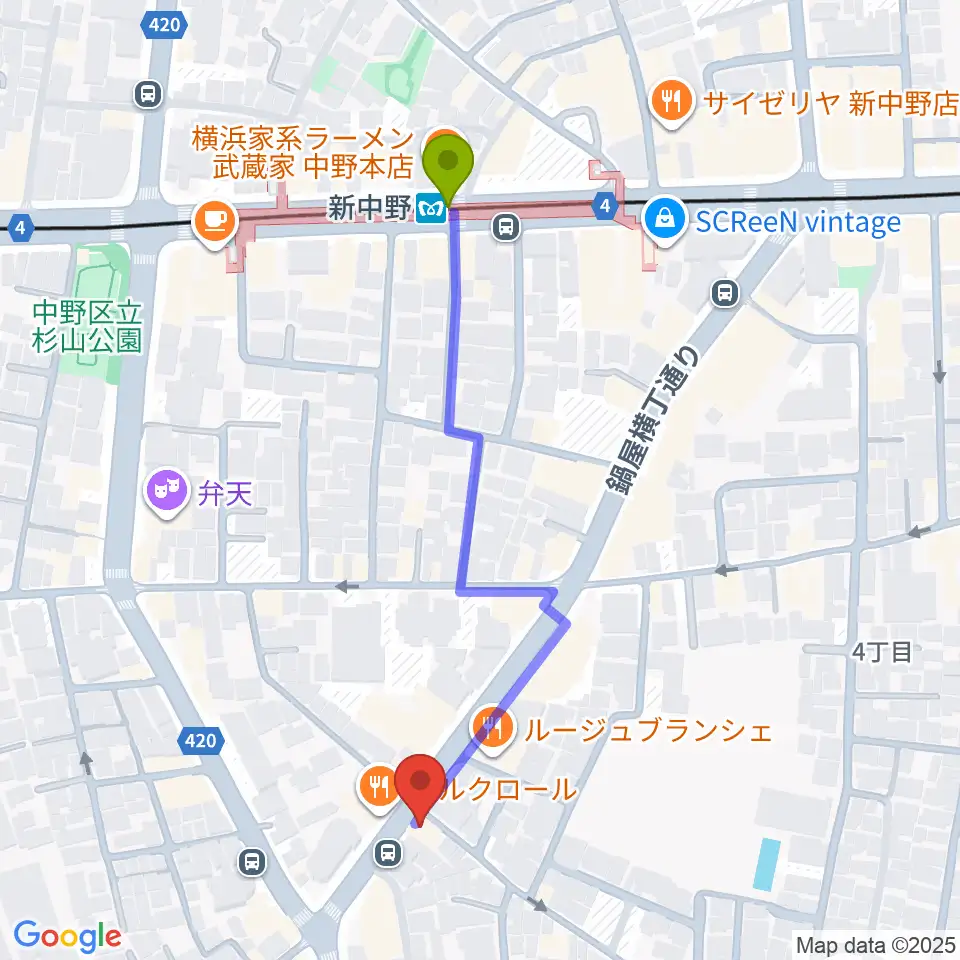 新中野ワニズホールの最寄駅新中野駅からの徒歩ルート（約5分）地図
