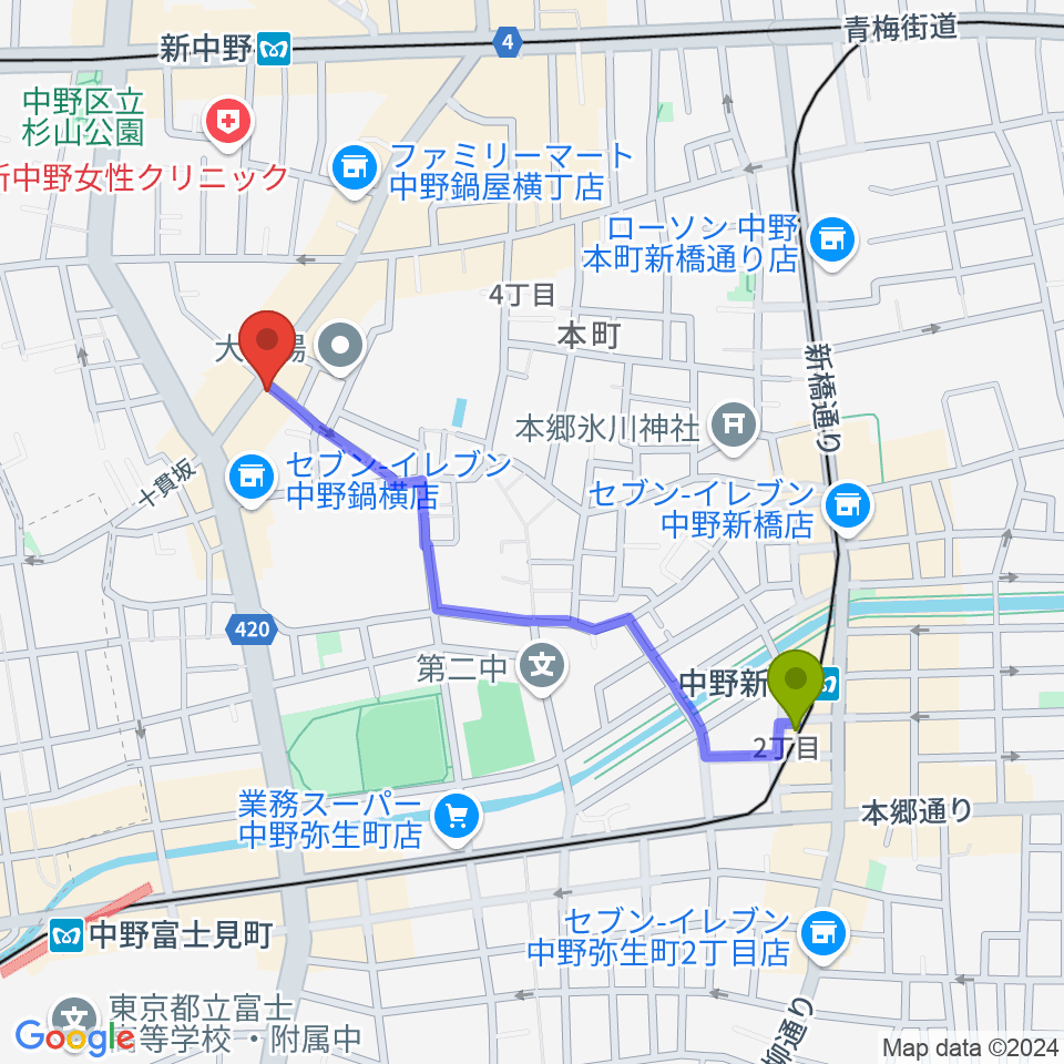 中野新橋駅から新中野ワニズホールへのルートマップ地図