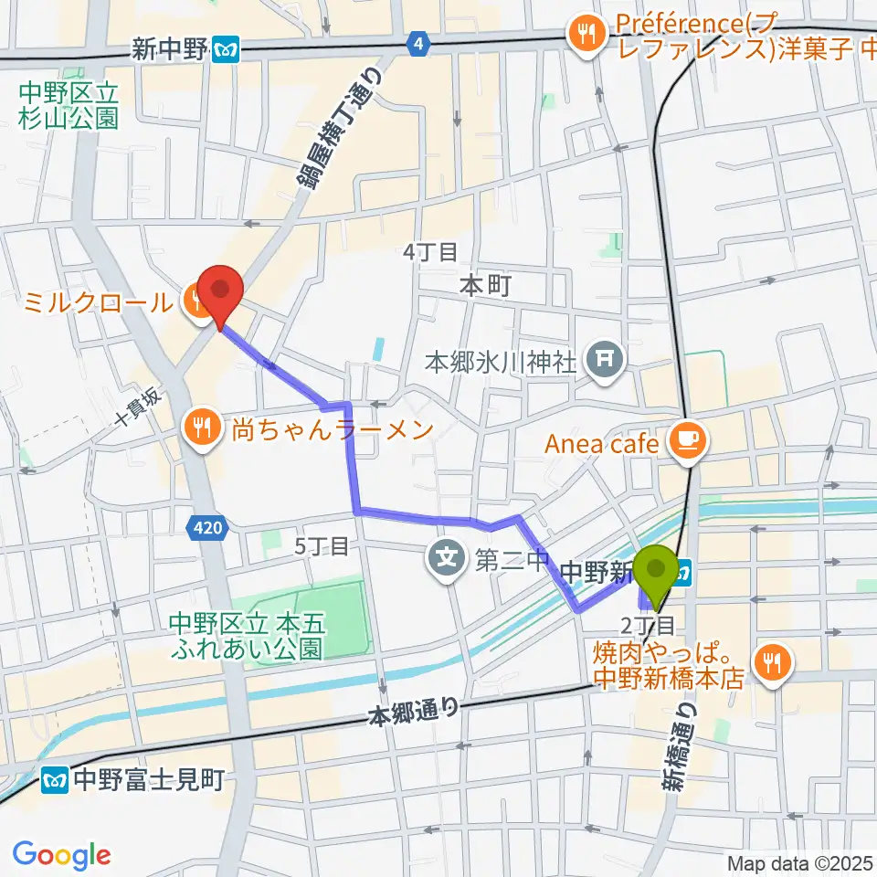 中野新橋駅から新中野ワニズホールへのルートマップ地図