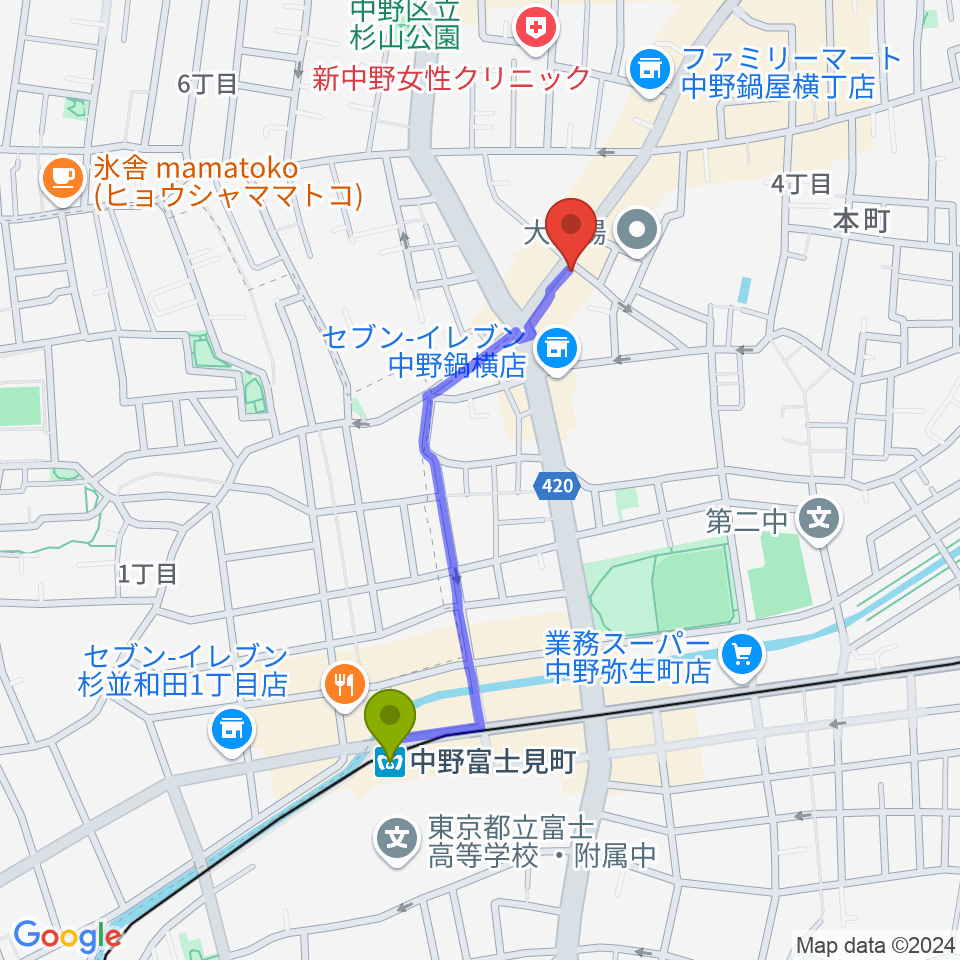 中野富士見町駅から新中野ワニズホールへのルートマップ地図