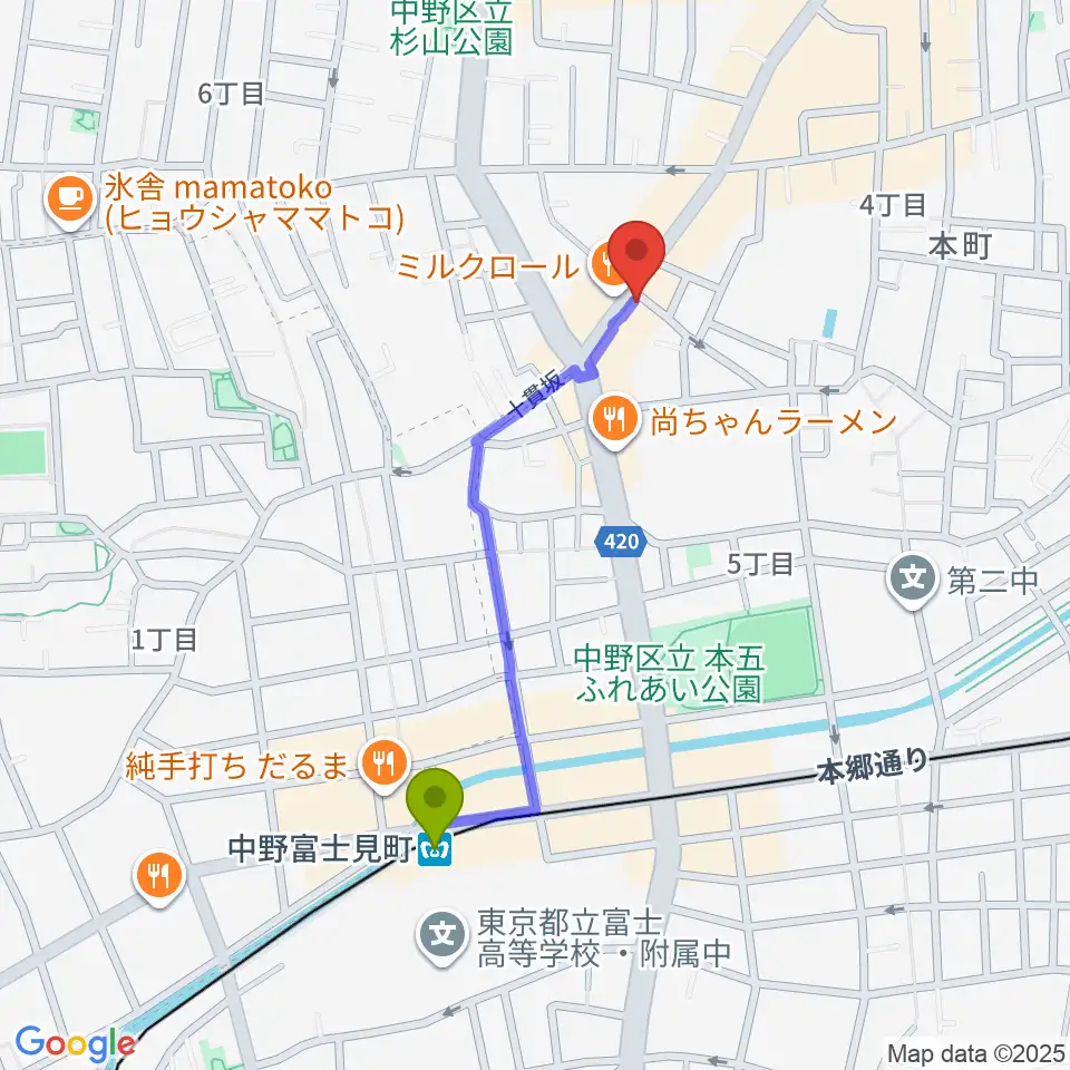 中野富士見町駅から新中野ワニズホールへのルートマップ地図