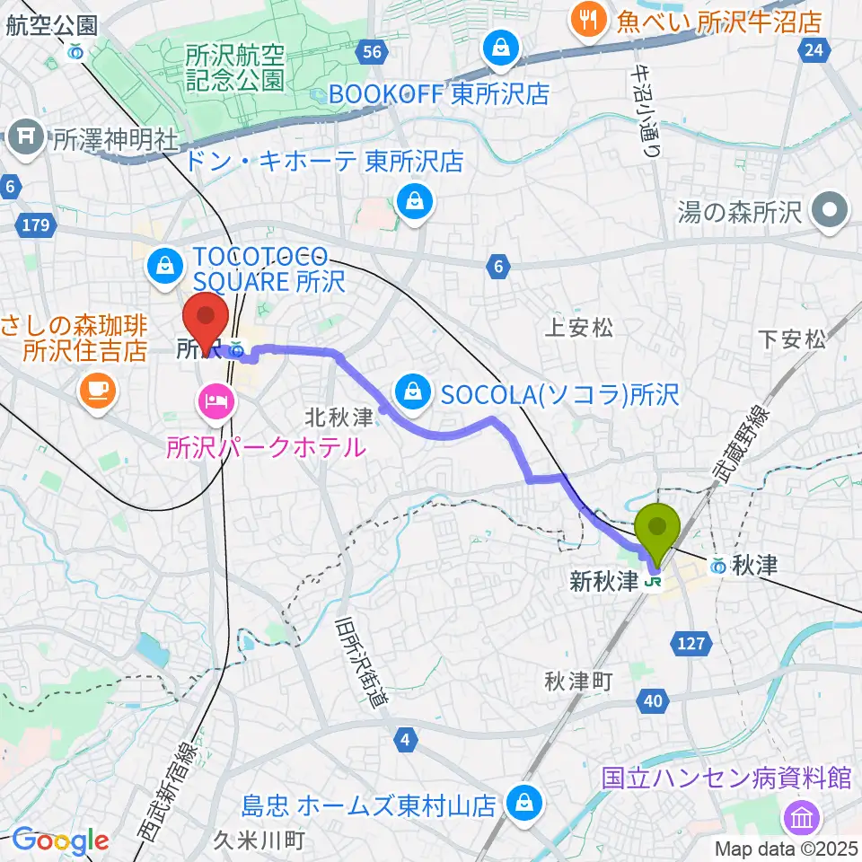 新秋津駅から所沢YTJホールへのルートマップ地図
