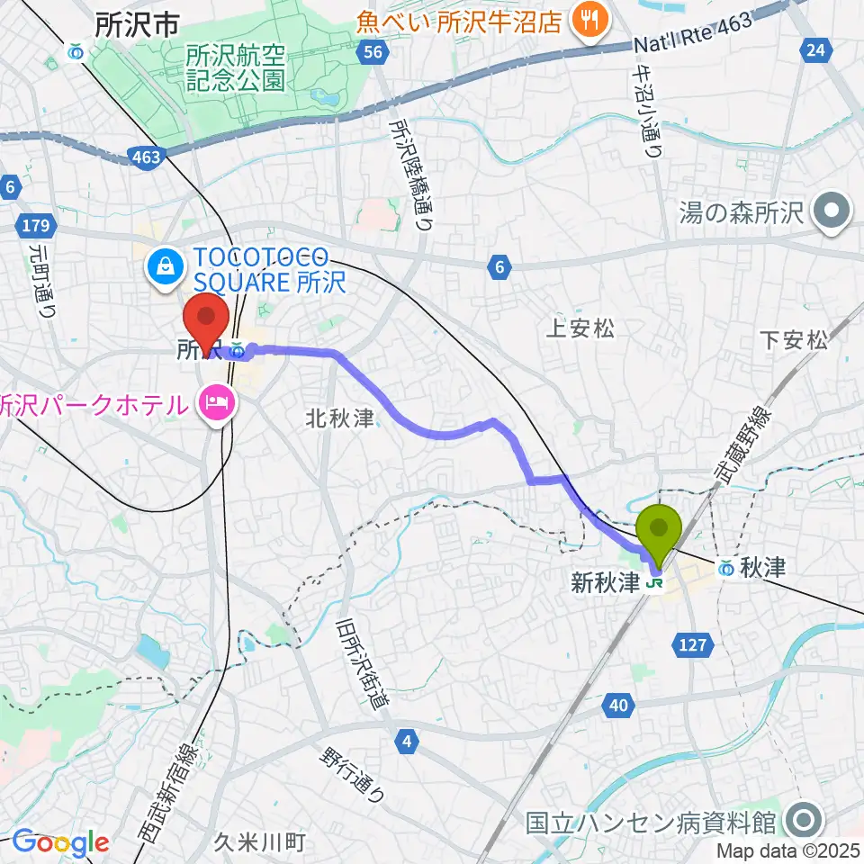 新秋津駅から所沢YTJホールへのルートマップ地図