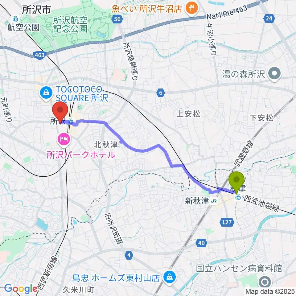 秋津駅から所沢YTJホールへのルートマップ地図