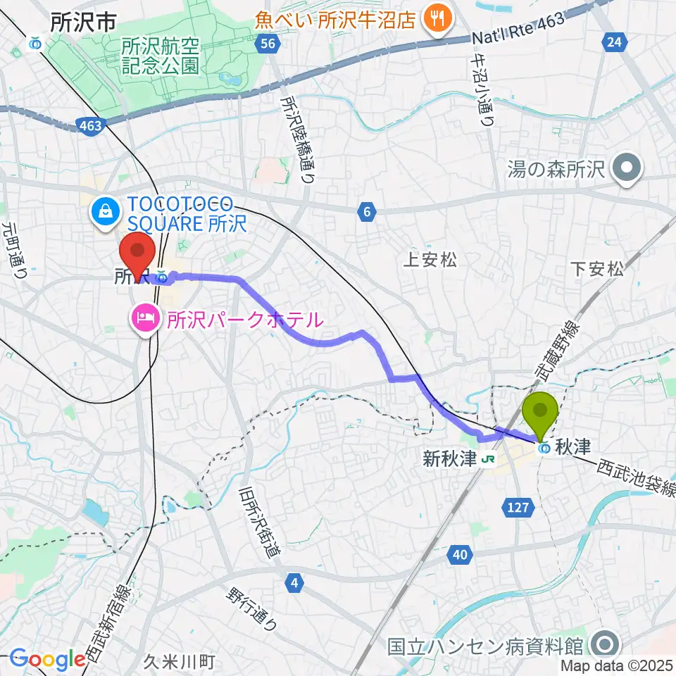 秋津駅から所沢YTJホールへのルートマップ地図