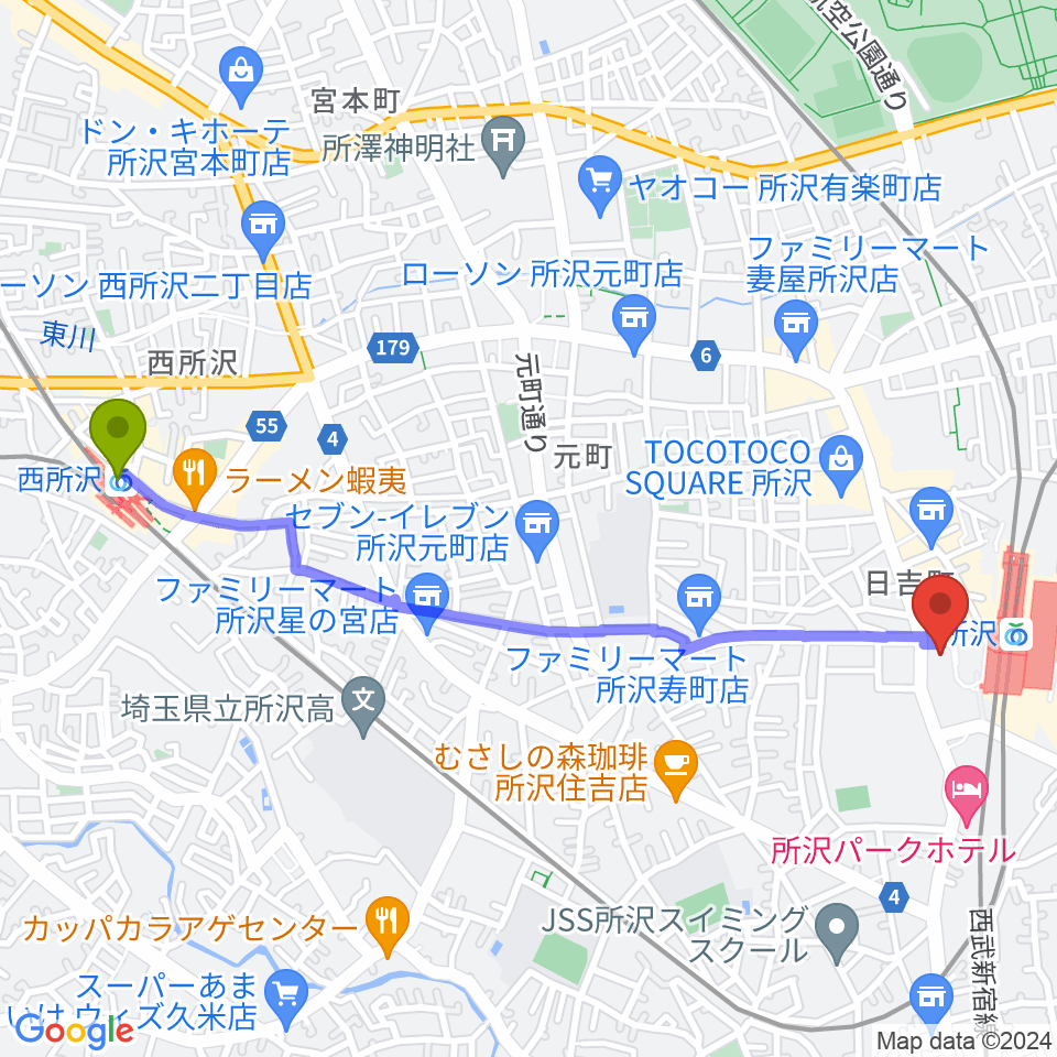 西所沢駅から所沢YTJホールへのルートマップ地図