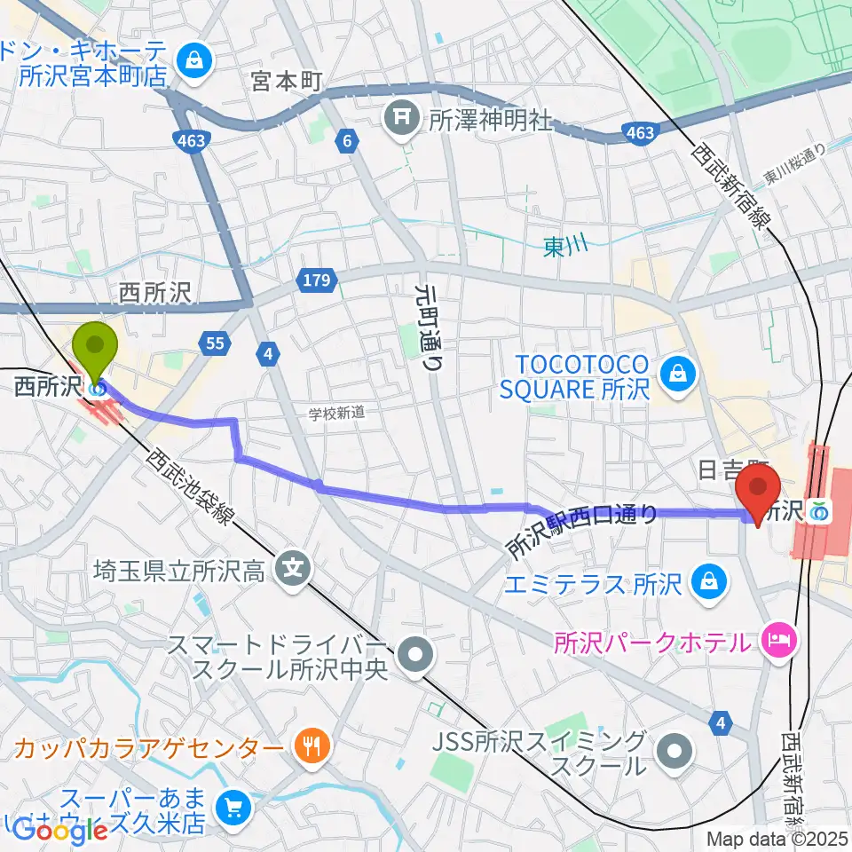 西所沢駅から所沢YTJホールへのルートマップ地図