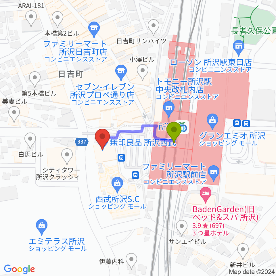 所沢YTJホールの最寄駅所沢駅からの徒歩ルート（約2分）地図