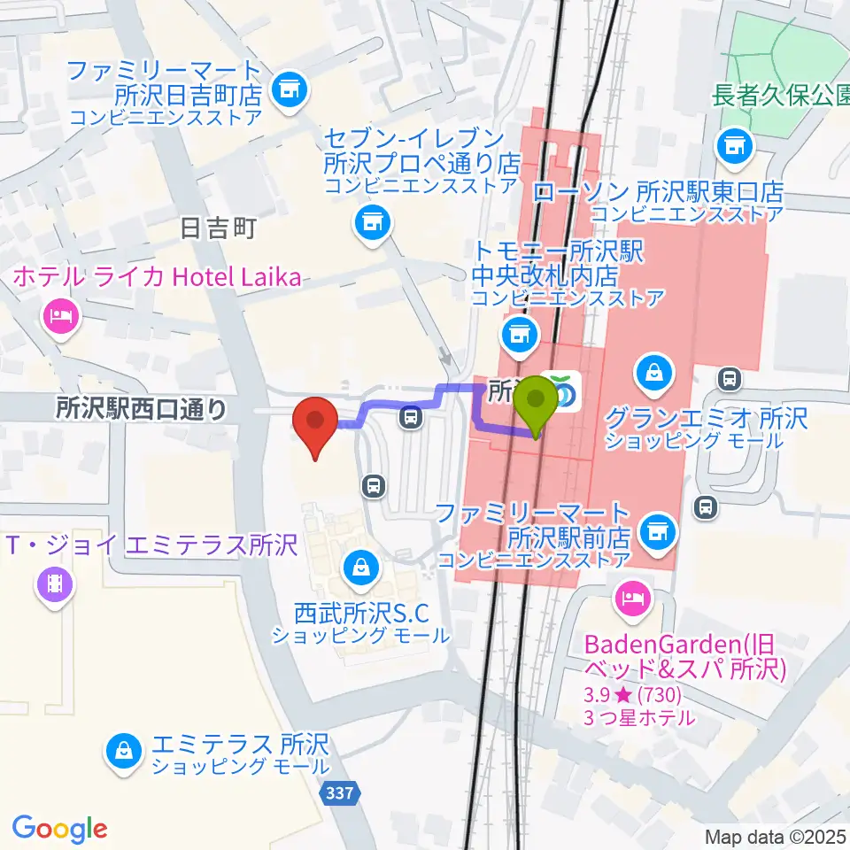 所沢YTJホールの最寄駅所沢駅からの徒歩ルート（約2分）地図