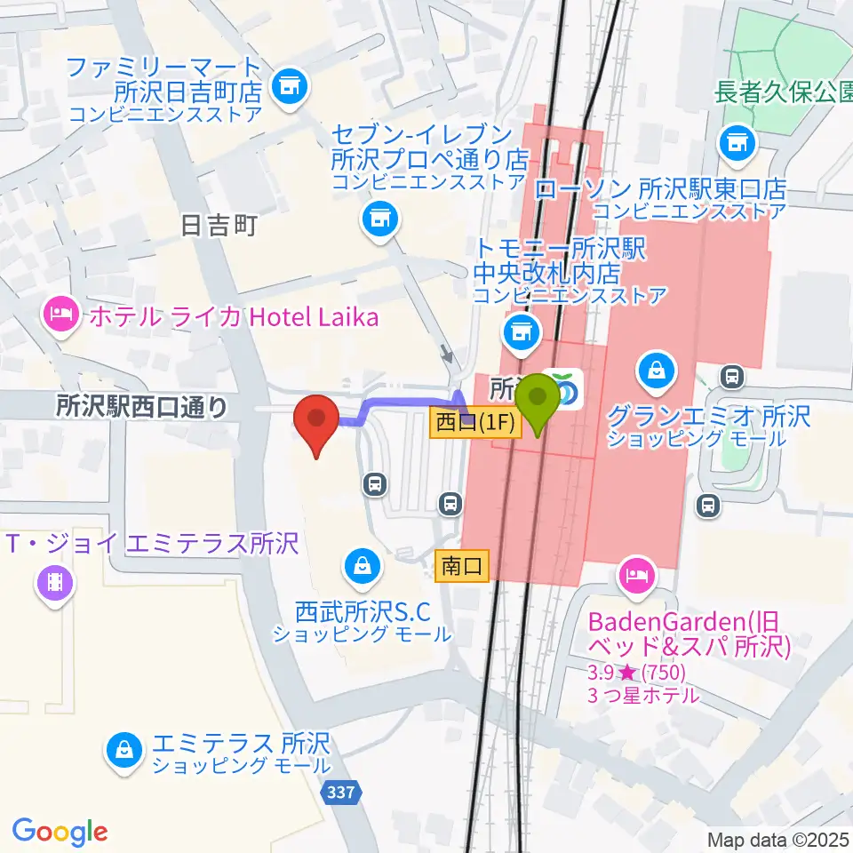 所沢YTJホールの最寄駅所沢駅からの徒歩ルート（約2分）地図
