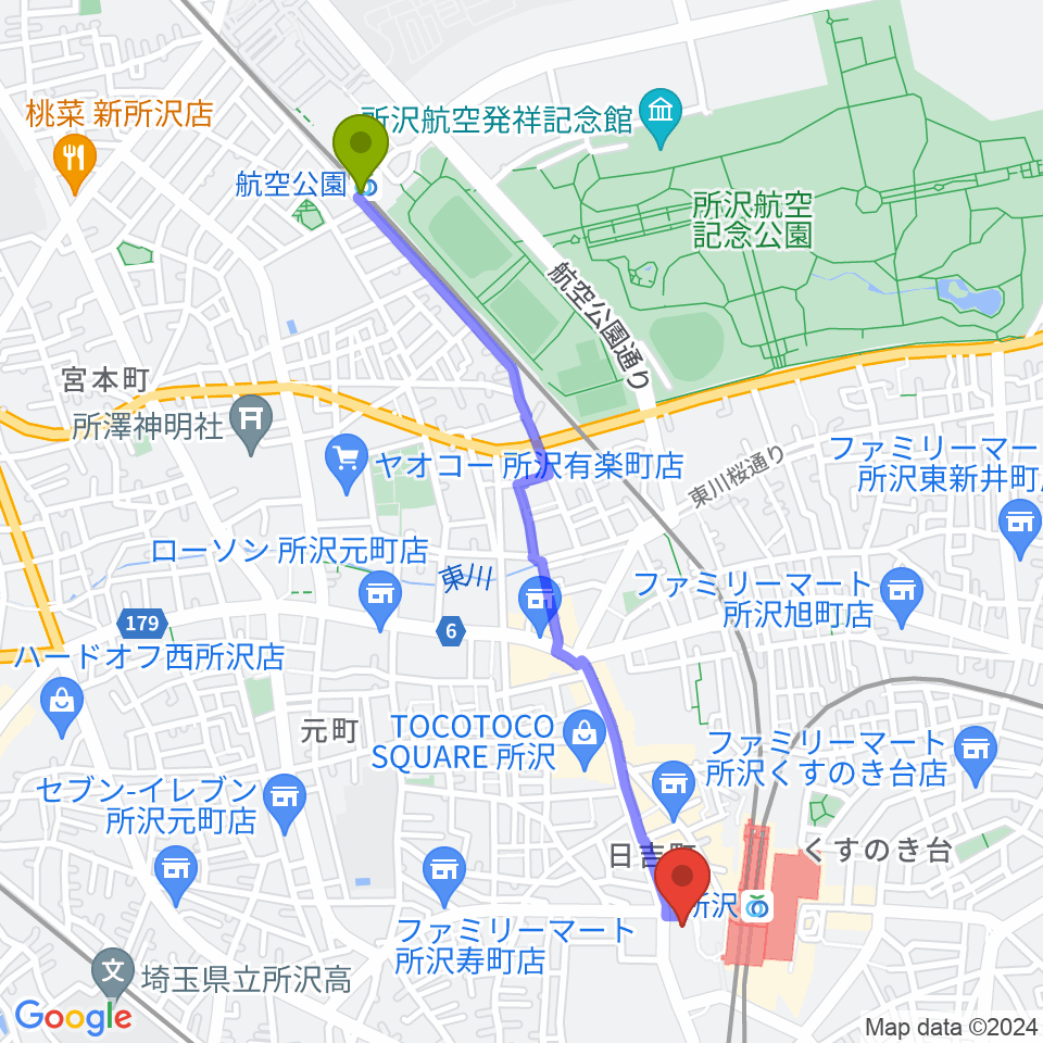 航空公園駅から所沢YTJホールへのルートマップ地図