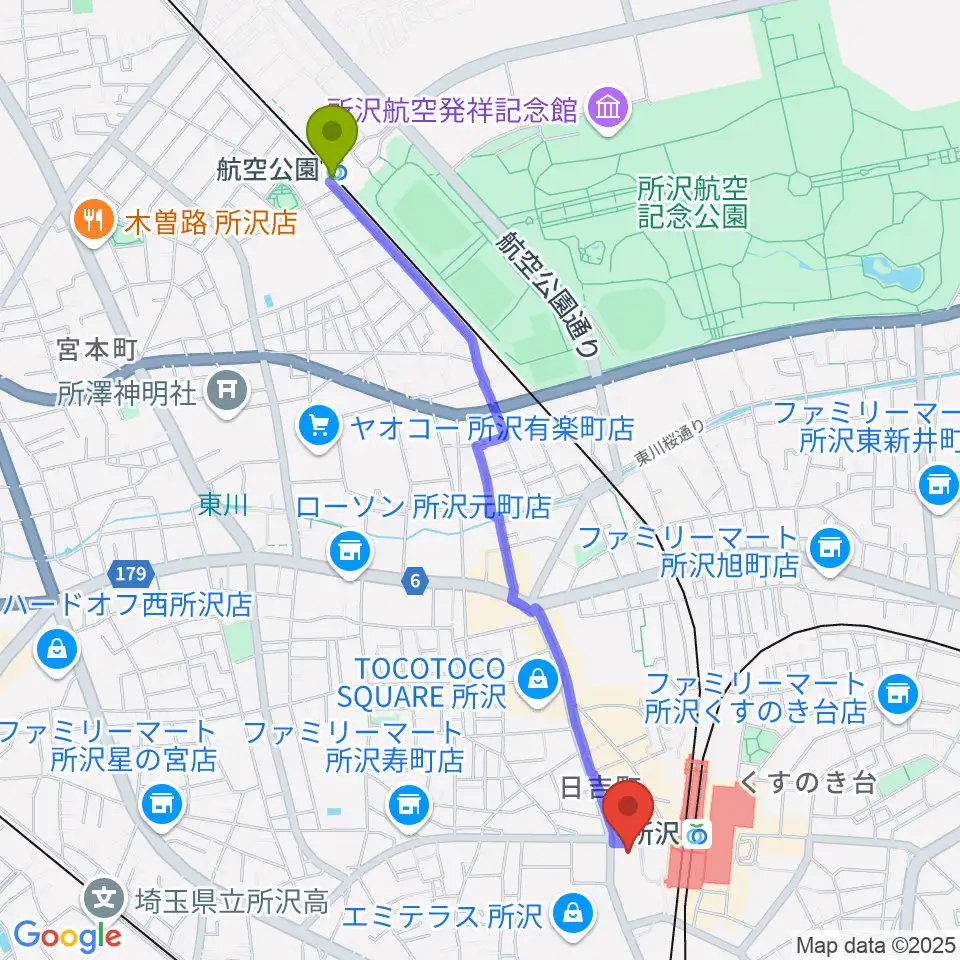 航空公園駅から所沢YTJホールへのルートマップ地図