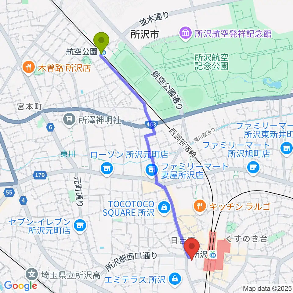 航空公園駅から所沢YTJホールへのルートマップ地図