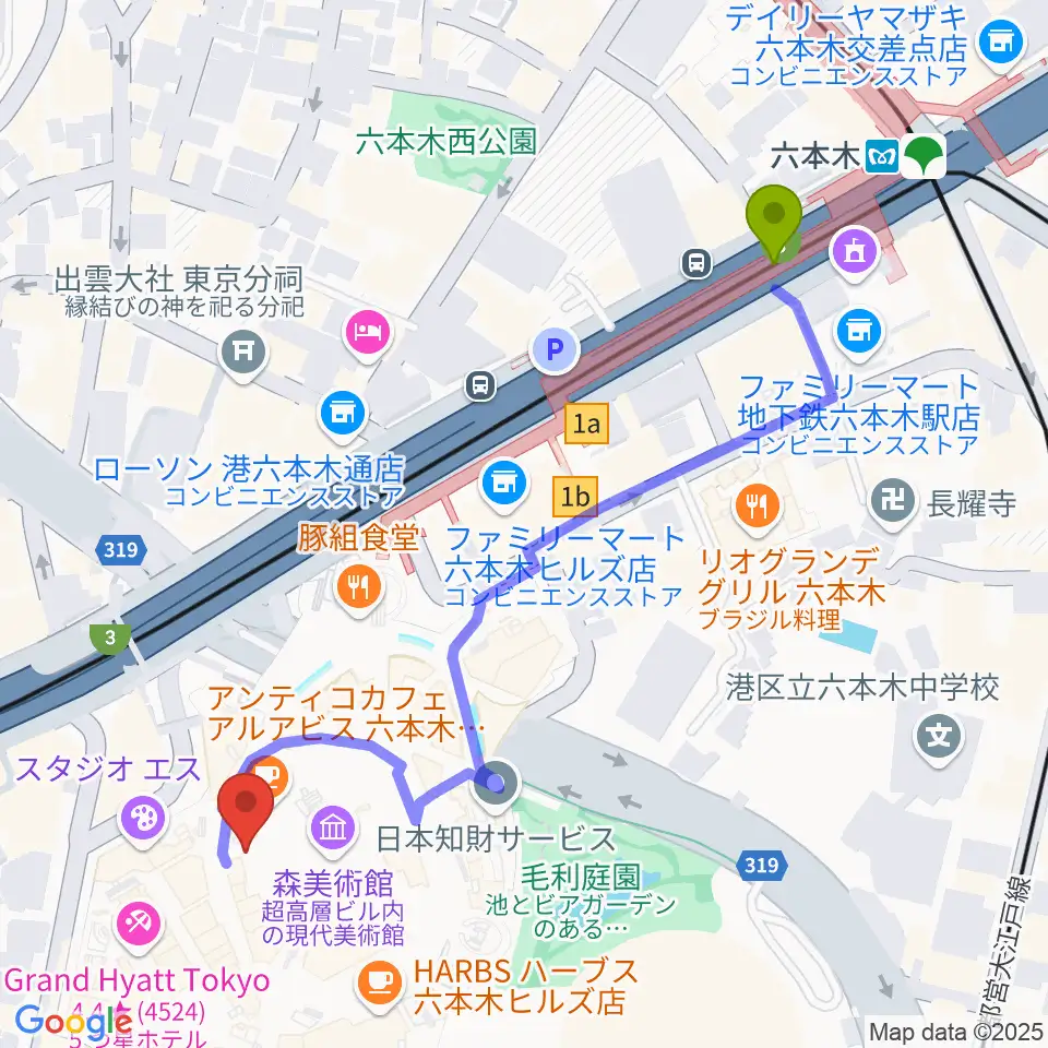 六本木アカデミーヒルズの最寄駅六本木駅からの徒歩ルート（約6分）地図