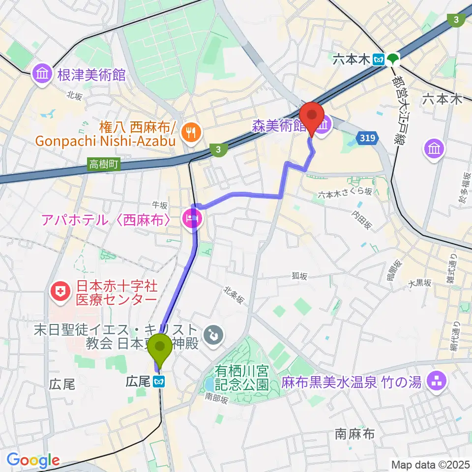 広尾駅から六本木アカデミーヒルズへのルートマップ地図