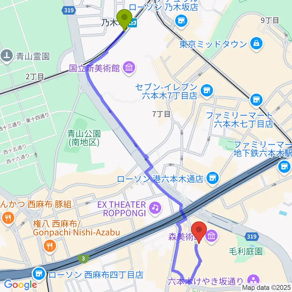 乃木坂駅から六本木アカデミーヒルズへのルートマップ地図