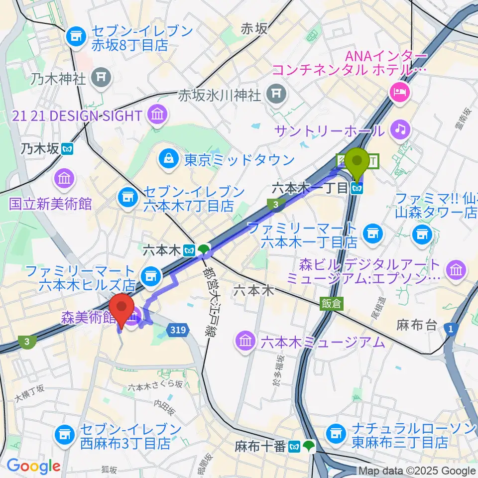 六本木一丁目駅から六本木アカデミーヒルズへのルートマップ地図