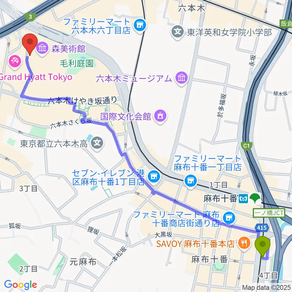 麻布十番駅から六本木アカデミーヒルズへのルートマップ地図