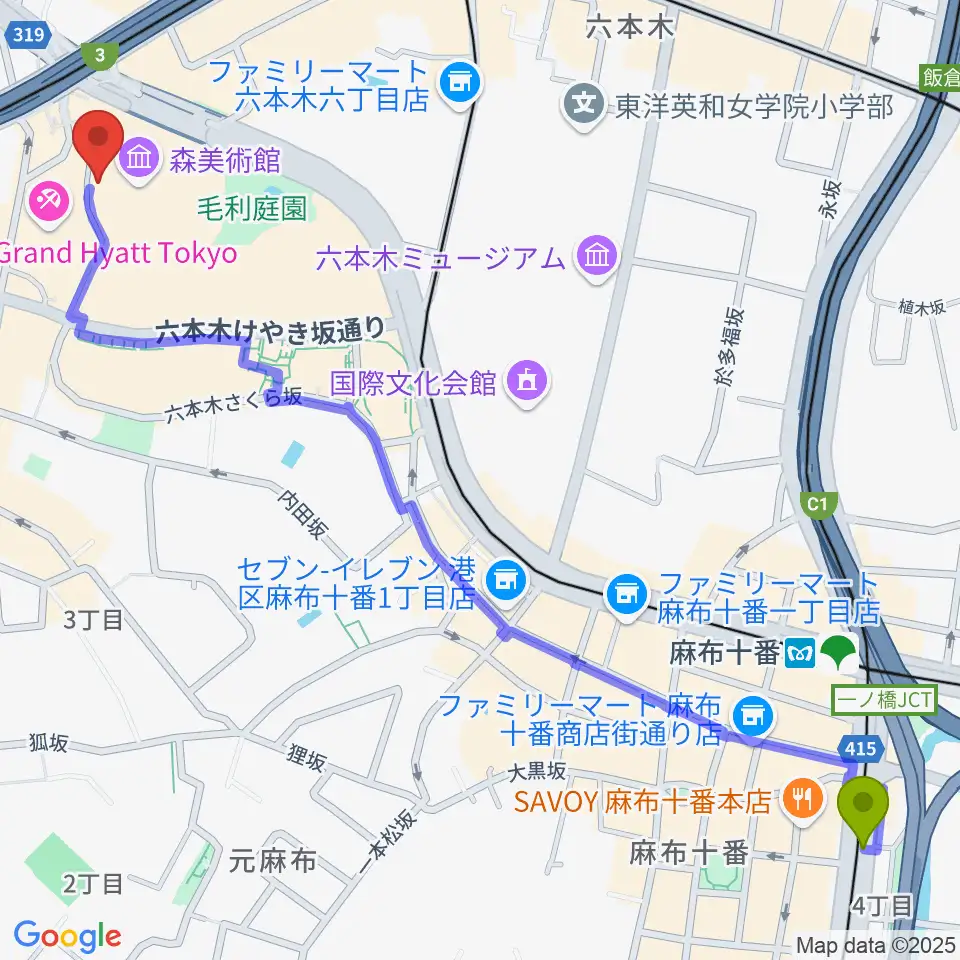 麻布十番駅から六本木アカデミーヒルズへのルートマップ地図