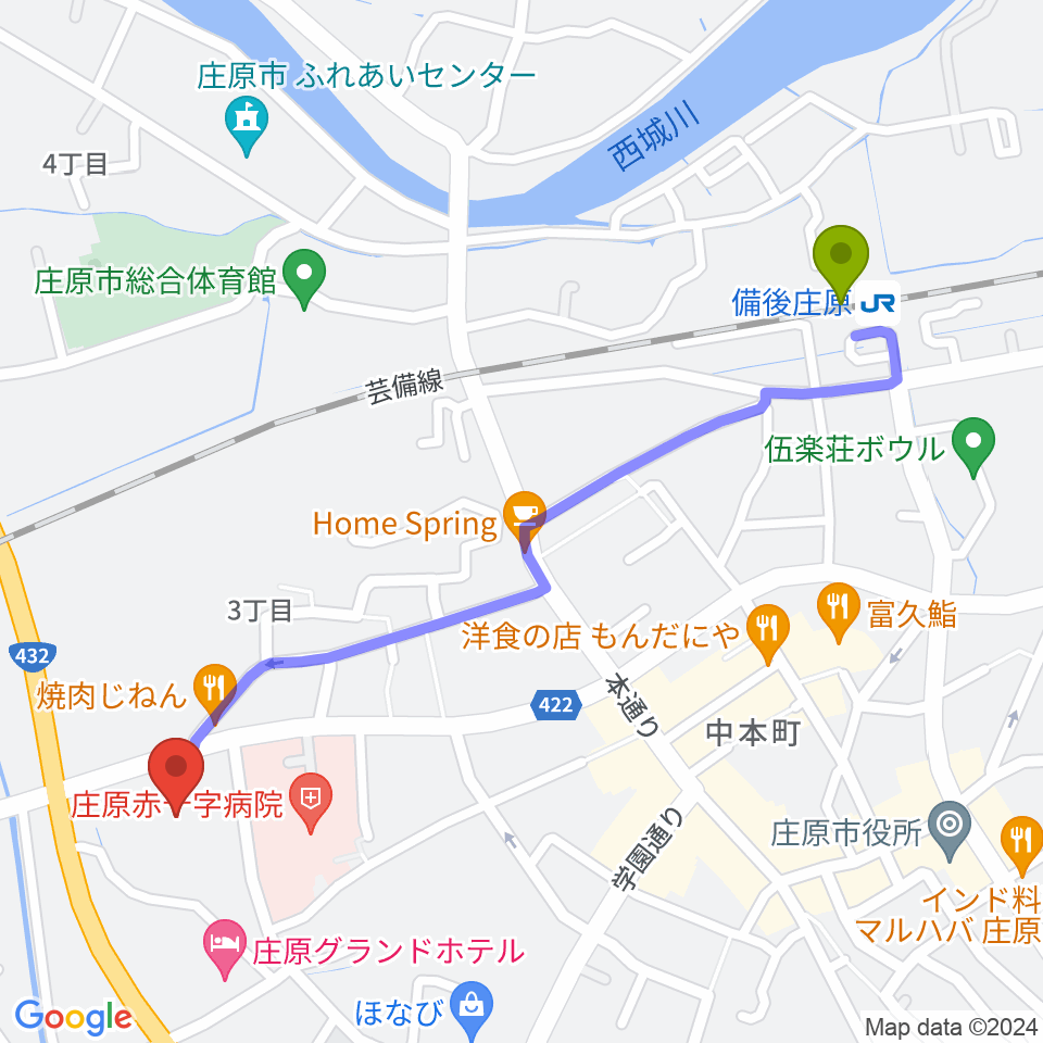 庄原市民会館の最寄駅備後庄原駅からの徒歩ルート（約13分）地図