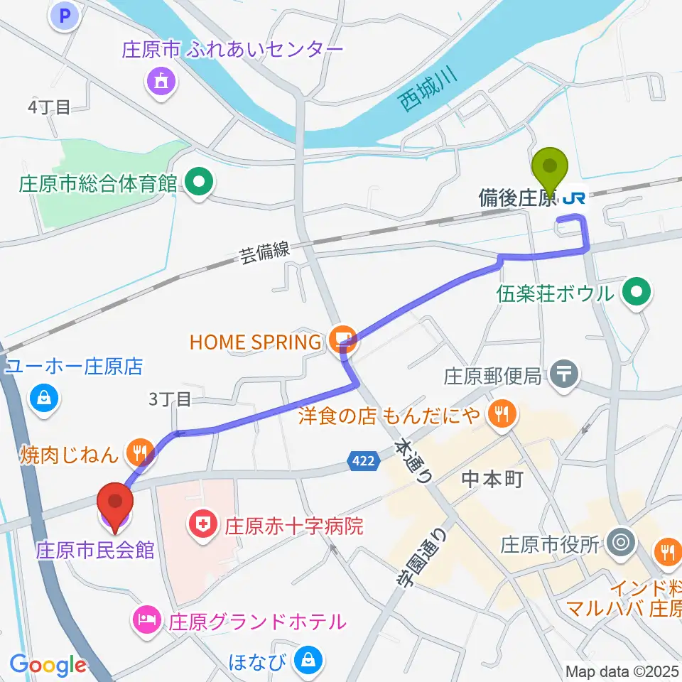 庄原市民会館の最寄駅備後庄原駅からの徒歩ルート（約13分）地図